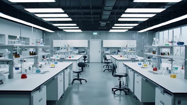 Modern Clean Laboratory with White Tables Rolling Chairs and Scientific Equipment