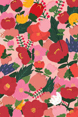 Seamless Floral Vector Pattern with Colorful Blossoms on Pink Background