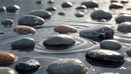 Smooth wet stones creating ripples in clear water