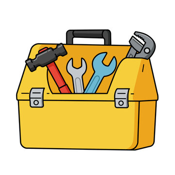 A yellow toolbox, filled with various hand tools like a hammer, wrenches, and adjustable pliers, ready for construction, repair, and DIY projects, isolated on white.