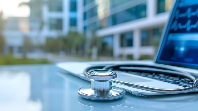 Medical background. Stethoscope and laptop computer with modern hospital buildings and copy space for text, medical business web banner, health service,