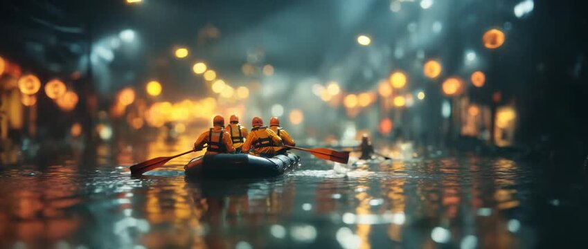 Rescuers navigate flooded urban environment in inflatable raft during heavy rainfall at night