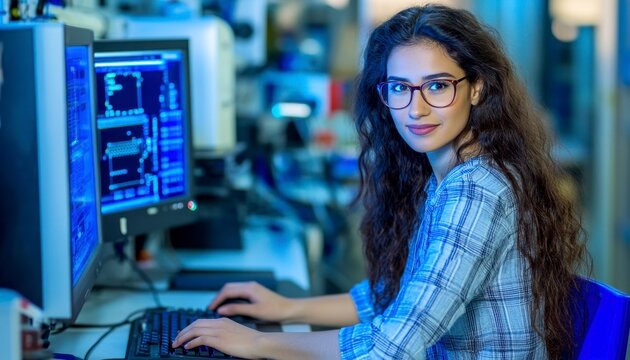 Young woman with glasses working on computer in a tech environment