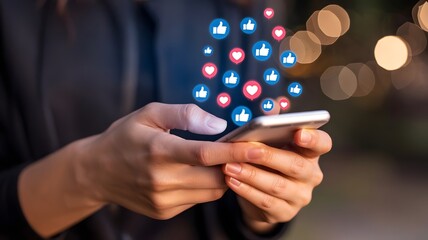 Woman's hands holding smartphone; glowing likes and hearts; social media engagement; nighttime urban setting; positive digital interaction.
