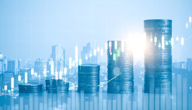 Coin stacks, city skyline, and financial charts show business growth. - Powered by Adobe