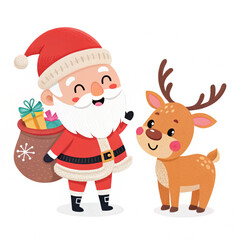 Cute Santa Claus and Reindeer Cartoon Illustration on White Background, Flat Christmas Character Design, Holiday Winter Clipart for Kids and Greeting Cards