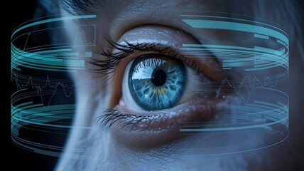 Close-up of a human eye overlaid with futuristic teal data streams and graphs; technological, biometric, and analytical concept.
