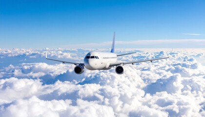 Obraz premium An aircraft in flight, high above the clouds, symbolizing air travel and adventure