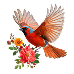 Obraz premium A Flutter of Delight: A vibrant illustration showcases a colorful bird in mid-flight, its wings outstretched, adorned with blooms, capturing a moment of freedom and beauty.