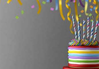 Colorful Birthday Cake with Candles and Festive Background Elements