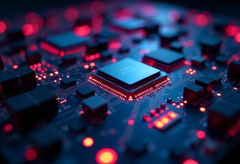 Futuristic digital circuit board glowing with red and blue lights. Abstract technology background showing data network, microchips, computing, information flow, and electronic processing system.

