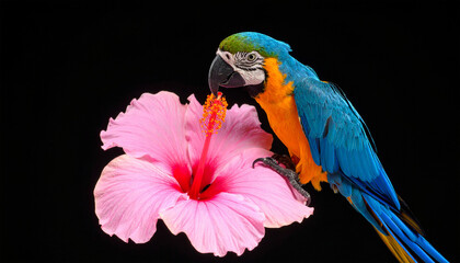 Obraz premium Vivid Parrot Perch on Pink Hibiscus: A stunning parrot with vibrant blue and yellow plumage perches gracefully upon a delicate pink hibiscus flower, against a dark backdrop.