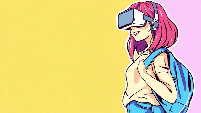 Teenager in virtual reality glasses, schoolgirl with pink hair, cartoon vector style, concept of learning using modern technology, banner with copy space