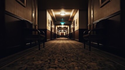 Dark, Empty Hotel Hallway with Chairs