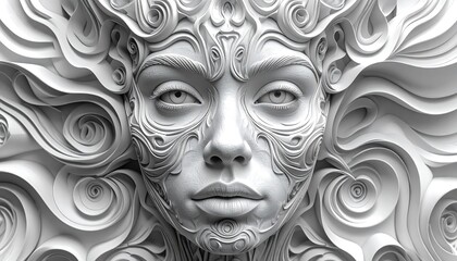 Fototapeta premium Sculptural, white woman's face, ornate details. Intricate swirls and patterns frame a serene, elegant visage