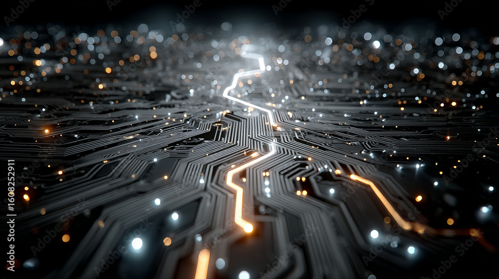 Poster futuristic digital circuit board with glowing pathways and illuminated points creating high tech atm