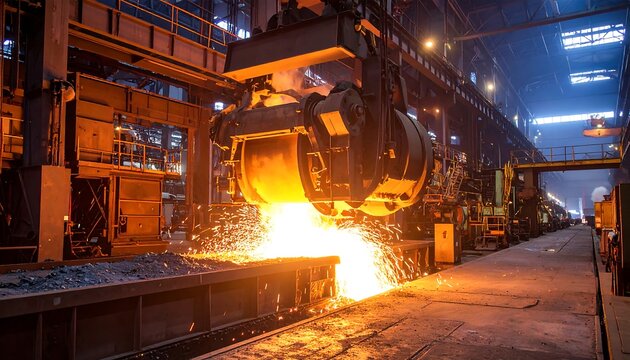 Molten metal pouring from a crane into a steel foundry