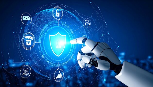 Robotic arm interacting with a global security interface.