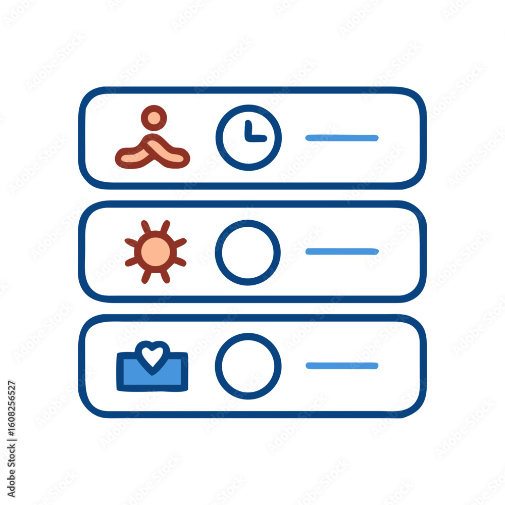 Poster illustrative interface icons representing user profile, time settings, and display settings in a mod