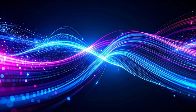 Vibrant blue and pink light trails form an abstract wave, symbolizing data flow and technology.