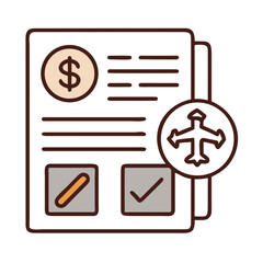 Obraz premium Travel planning document, a whimsical illustration depicts a vibrant airline ticket, with a cheerful dollar sign, and a checkmark.