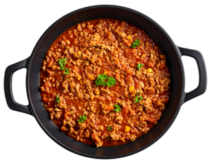 Bolognese sauce in frying pan isolated on transparent background