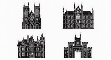 Obraz premium A set of simple black and white icons of various cathedrals and churches.