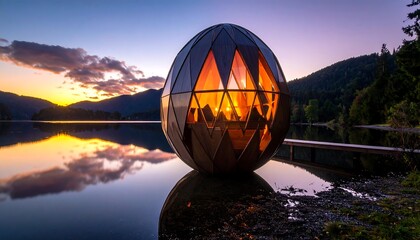 Spherical cabin on a lake at sunset