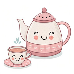 Cute Teapot and Teacup Cartoon Combo on White Background, Kawaii Tea Set Illustration with Smiling Faces, Cozy Drink Clipart for Kids and Kitchen Decor
