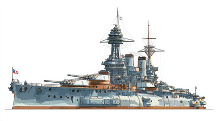 Cartoon drawing of battleship shown from a side view, with portholes and a large cannon on the deck, and isolated on white background.