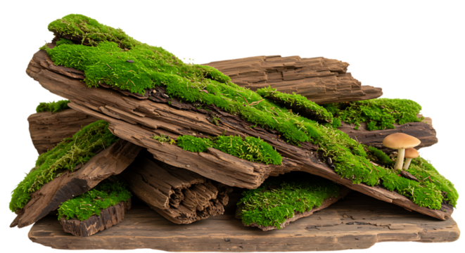 Moss covered driftwood logs stacked on weathered wood surface background image