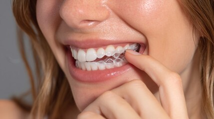 Fototapeta premium Close-up of a woman’s hands placing clear dental aligners onto her straight white teeth, showcasing modern orthodontic care, dental health, cosmetic dentistry, and professional teeth alignment 