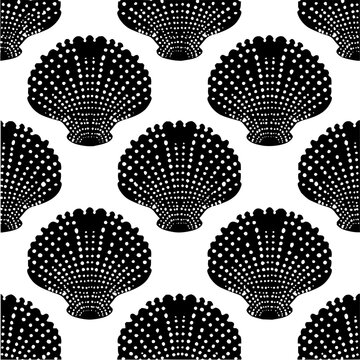 Seamless pattern of black scallop shells with white dots on a white background creates a bold design
