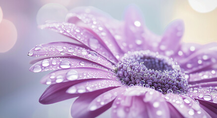 Uma foto macro detalhada capturando a beleza natural de uma flor roxa com suas pétalas delicadamente adornadas com inúmeras gotas de água brilhantes, criando uma atmosfera serena.