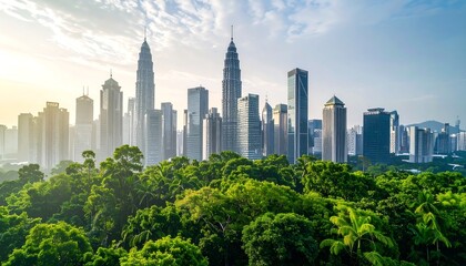 City skyline with lush green trees