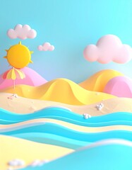 粘土で手作りしたような質感の、立体的な夏のビーチ