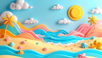 粘土で手作りしたような質感の、立体的な夏のビーチ