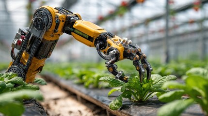Fototapeta premium Futuristic Robot Standing on Ground in Open Landscape Surrounded by Bright Sky Evoking Innovation and Hope