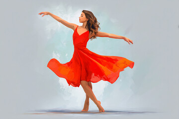 Girl in red dress dancing barefoot, artistic pose
