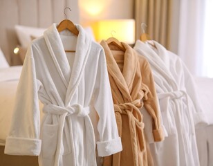Soft robes hanging in a hotel room