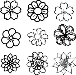 icon vector flower design, with various design shapes, with a hand drawn black outline style for summer and flower.