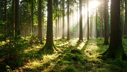 Sunlight streams through a misty forest (1)