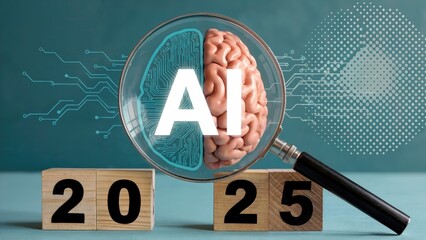 AI predictions for 2025 with brain and circuit design revealed through magnifying glass, tech future