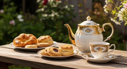 Fototapeta premium Elegant Afternoon Tea Served in a Beautiful Garden Setting With Delicious Pastries