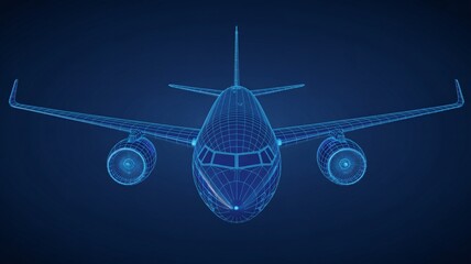 A digital wireframe rendering of a passenger airplane against a dark blue gradient background view from front