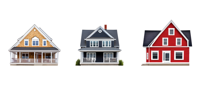 Three Cape Cod Style Houses Featuring Diverse Color Palettes And Architectural Elements Against Transparent Background