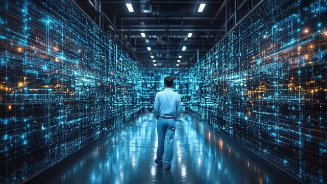 Man walking in futuristic server room with complex data visualizations, highlighting data - Powered by Adobe