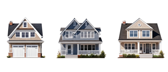 Three Cape Cod Style Houses Isolated On Transparent Background Illustrative Residential Architecture Displaying Facade Designs