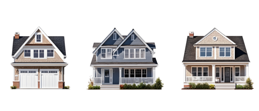 Three Cape Cod Style Houses Isolated On Transparent Background Illustrative Residential Architecture Displaying Facade Designs