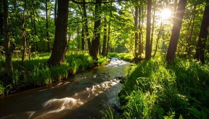 Obraz premium Sunlight streams through a verdant forest stream